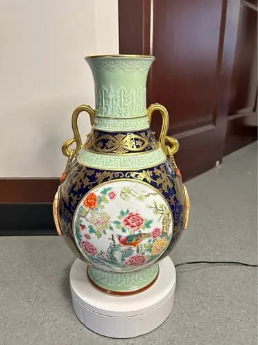 Qianlong Famille Rose and Falangcai Enamel Gilt Vase with Flowers, Birds and Twin Handles