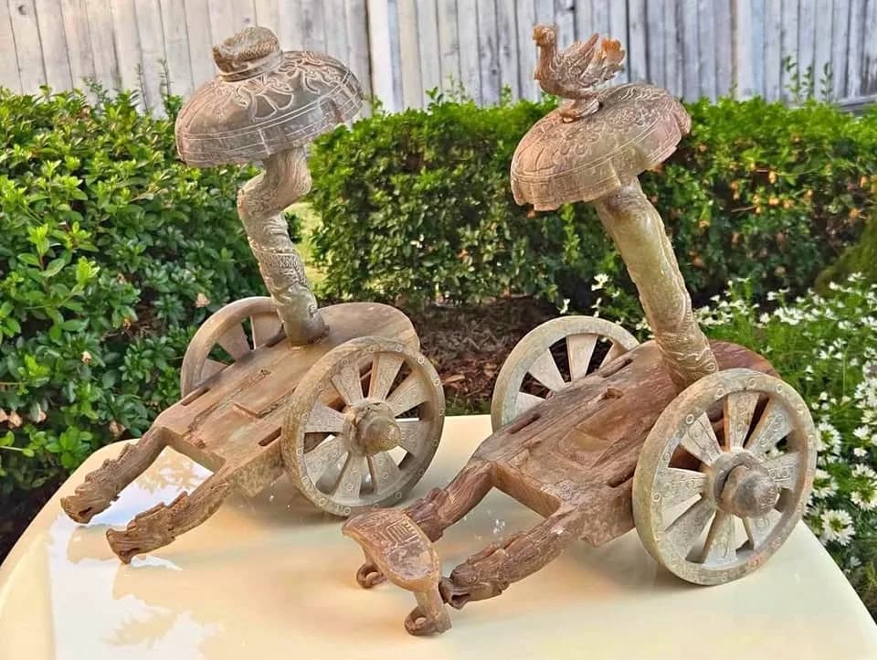 Pair of Hand-Carved Stone Dragon Chariots