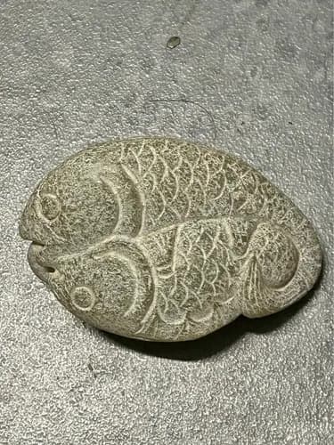 Vintage Hand-Carved Stone Double Fish and Coins Figurine
