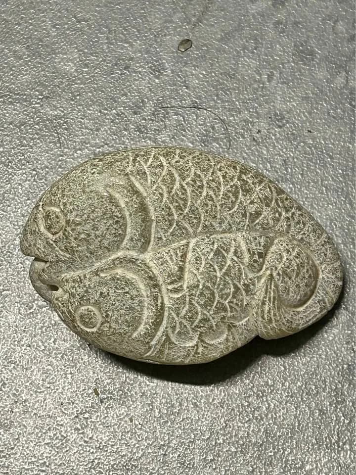 Vintage Hand-Carved Stone Double Fish and Coins Figurine
