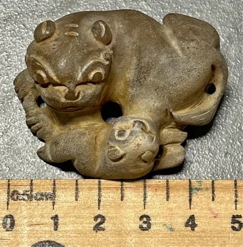 Vintage Hand-Carved Stone Mythical Beast Figurine, Song Dynasty Mother-and-Child Twin Beast Pendant