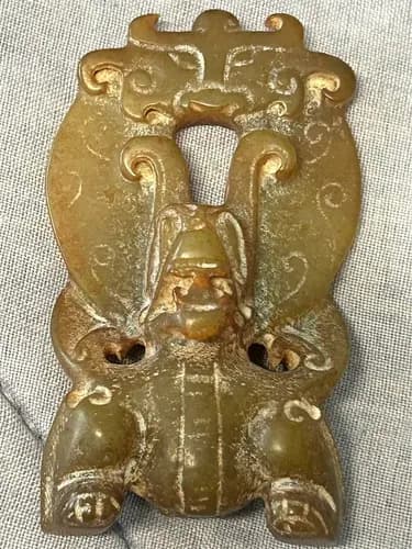 Antique Jade Belt Buckle with Human-Deity-Beast Mask